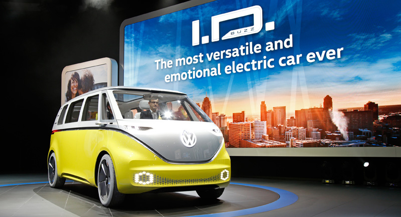 Detroit January 9th 2017. It has been just four months since Volkswagen presented a smaller sibling of the I.D. BUZZ at the Paris International Motor Show: the I.D. It too was revolutionary – a compact electric car that will launch in 2020 with driving ranges of up to 600 kilometers: it is the first car based on the MEB that will go into production, and the first Volkswagen concept car that can drive fully autonomously. The new I.D. BUZZ is now the first van to fully enable this functionality: a slight push on the steering wheel is all it takes to make the steering wheel retract to merge into the cockpit instrument panel and switch the I.D. BUZZ over from manual control to the fully autonomous “I.D. Pilot” mode (conceivable starting in 2025). In this mode, the steering wheel is decoupled from the steering gear via a newly developed steering column system. Then driver will be able to turn their seats towards the rear, facing their fellow travelers. Laser scanners, ultrasonic sensors, radar sensors, area view cameras and front camera acquire information about the surroundings, and other traffic data is received via the cloud. 